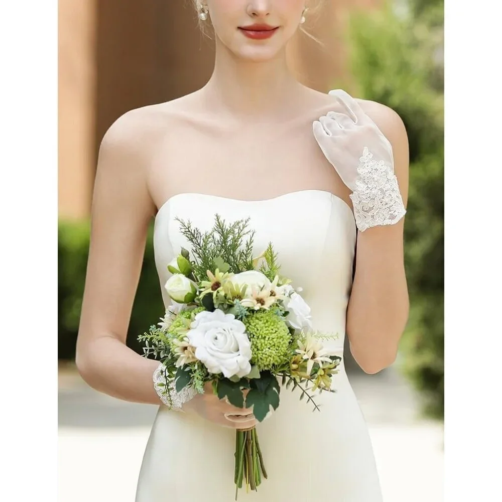 Women's Lvory-5 Short Pearls Lace Border Mesh Gloves Wedding Formal Party Prom